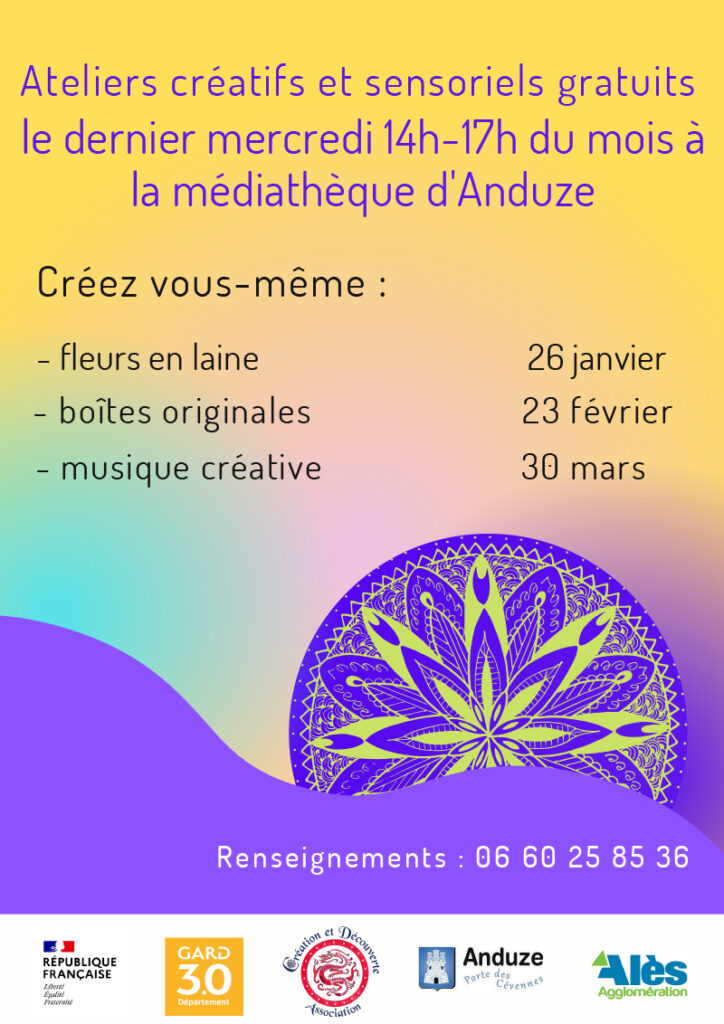 affiche Atelier Créatif et Sensoriels des RDV de la Médiathèque dates janvier à mars 2022