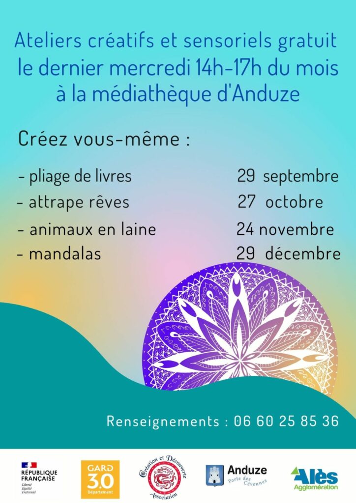 Affiche ateliers des "Rendez-vous de la Médiathèque" de l'association "Création et Découvertes"