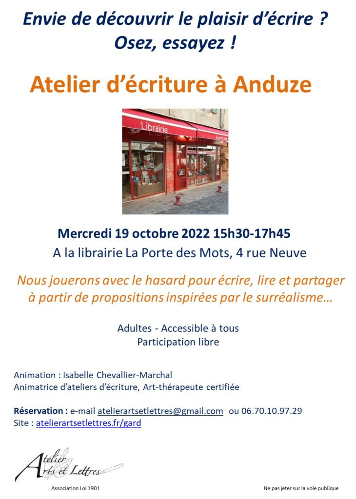 affiche ateliers d'écriture à la librairie La Porte des Mots - 19 octobre 2022