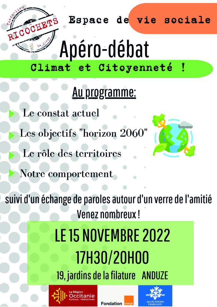 Affiche apéro-débat - Climat et citoyenneté - Les Ricochets - 15 nov. 2022